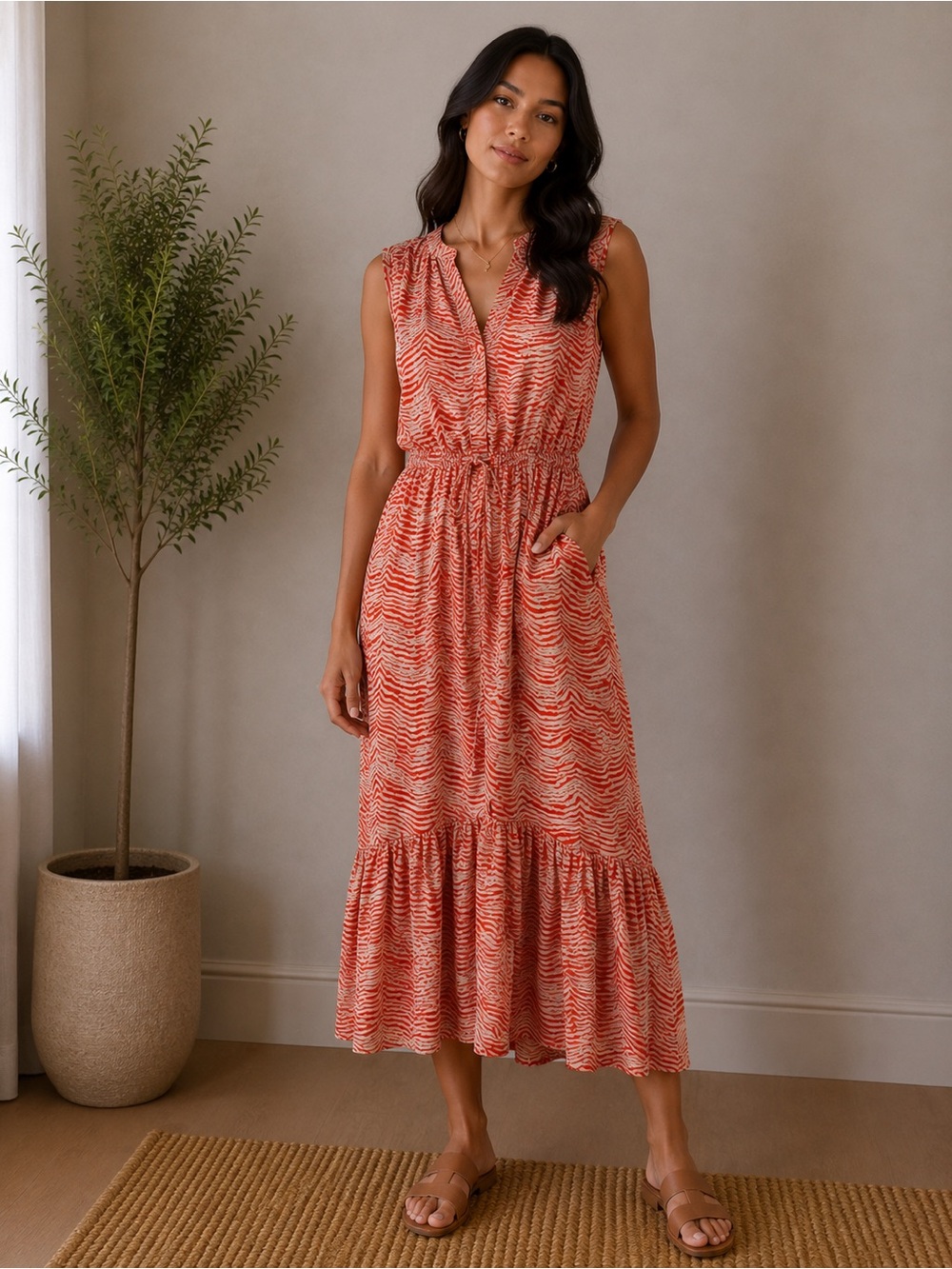 Pinch Coral Wave-Print Maxi Dress